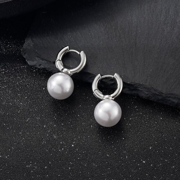 925 Sterling Silver Dainty Freshwater Pearl Small Hoop Drop Dangle  Earrings - Picture 6 of 9
